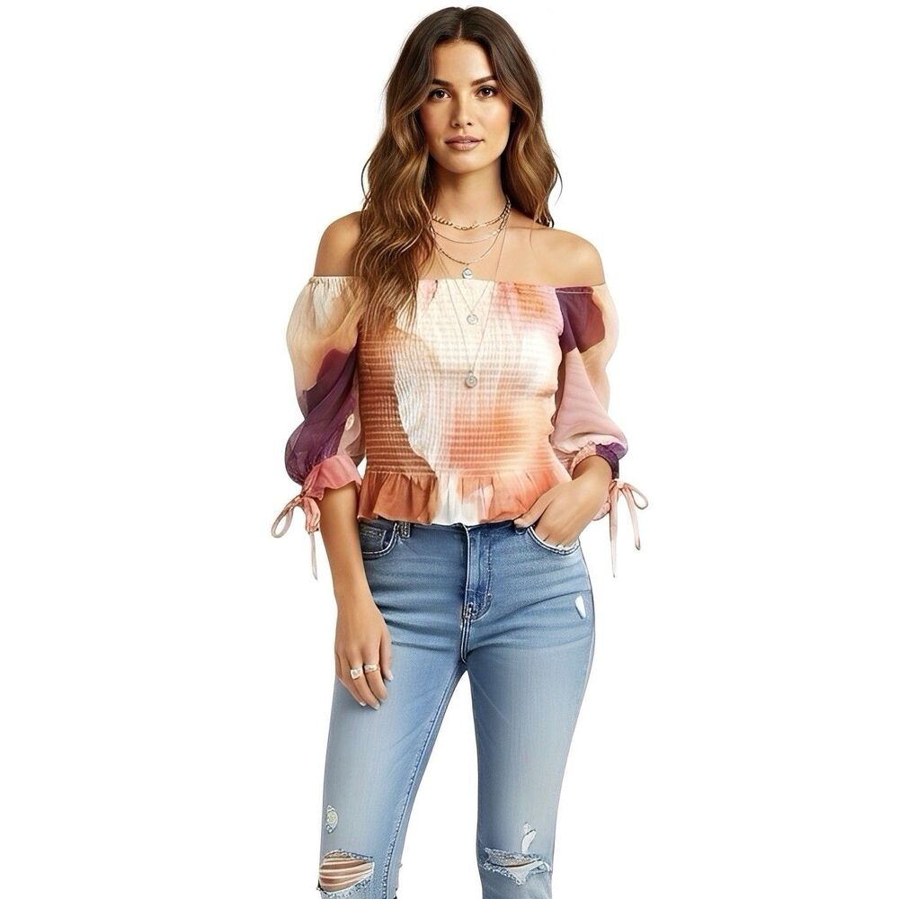 Express Womens Blouse Size XS Y2K Mesh Smocked Crop Tie Dye Festival Euphoria
